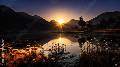 Beautiful dawn landscape featuring glowing wild yellow flowers in the foreground and a symmetrical mountain lake reflection.