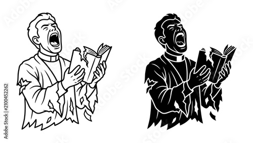 Принти на полотні Sermon of Despair: A minister in tattered robes, with eyes closed and mouth agape, passionately recites scripture from a worn, torn book, conveying intense emotion and spiritual fervor
