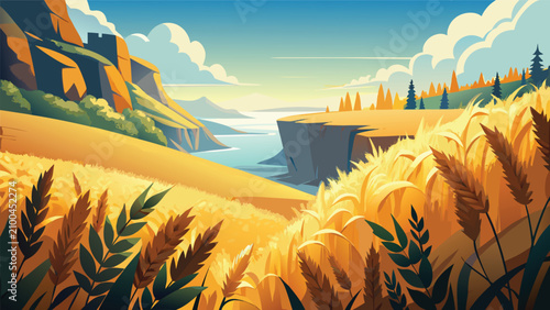 Photos Golden wheat field on high cliff edge overlooking sea with summer time rural lan