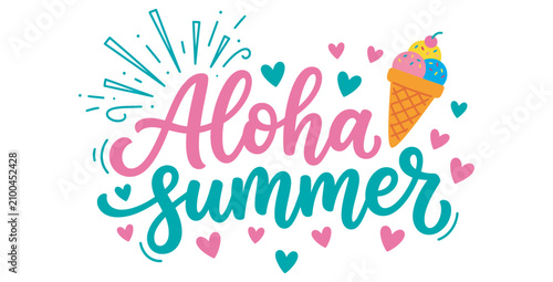 Vibrant aloha summer vector illustration featuring a colorful ice cream cone and hearts on transparent background