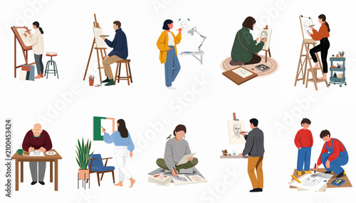 Collection of diverse people drawing and painting portraits in various settings, showcasing creative hobbies and artistic skills in a flat vector illustration style.