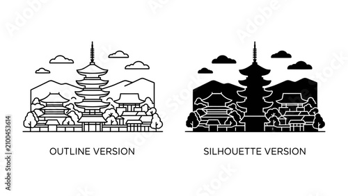 Bild auf Leinwand Japanese Pagodas: A stylized illustration showcasing traditional Japanese pagodas set against a backdrop of mountains and trees, presented in both outline and silhouette versions
