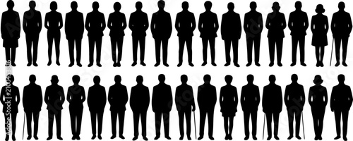 Collection of various human silhouettes standing in different poses and outfits