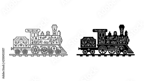 Obraz na płótnie Vintage Train Illustration: Two intricate illustrations of a vintage steam locomotive, one in outline and the other in silhouette, showcasing classic design and a bygone era of travel