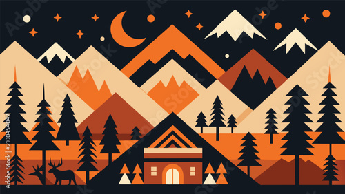 Abstract geometric mountain landscape with house and forest mountain landscape geometric scandinavian minimalist illustration adventure wilderness abstract wallpaper background seasonal