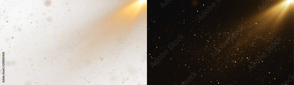 Fototapeta premium Golden light beam with floating dust particles from the corner on white and black background