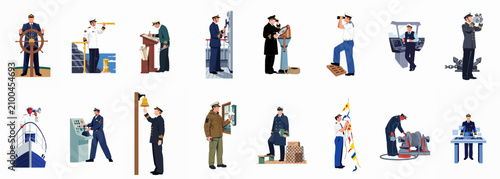 Foto Large collection of maritime professional characters, including ship captains, officers, and sailors performing various duties on deck and in the bridge, vector illustration