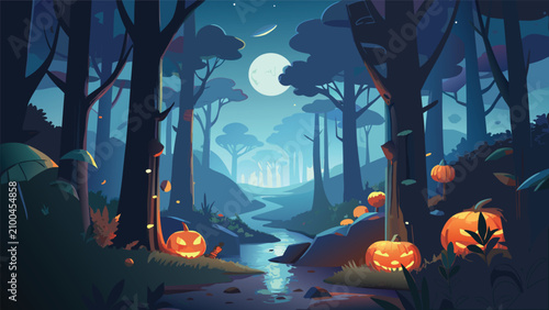 Foto Spooky halloween forest scene with glowing jack o lantern pumpkins at night hall