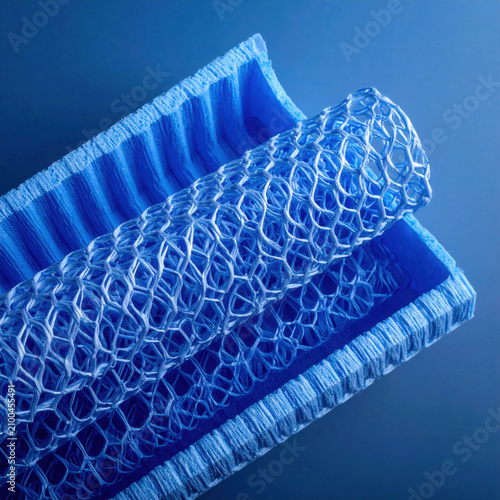 Blue mesh tube on textured blue tray, abstract fiber material with woven net pattern