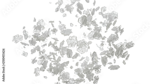 Dynamic Macro Shot of Falling Sea Salt Crystals and Sugar Particles Isolated on High Key White Background