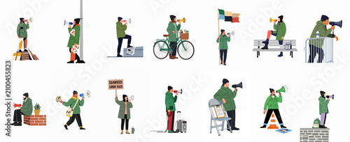 Set of flat illustrations depicting activists and protesters using megaphones and placards to raise awareness for social and environmental causes.