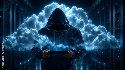 Anonymous Cybersecurity Engineer Protecting Cloud Network, copy space. Concept: Cybersecurity, Cloud Security, Zero Trust Architecture, Network Protection, Data Security, Enterprise IT Infrastructure