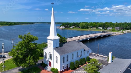 Barrington Congregational Church (White Church) aerial view on Barrington River at 461 County Road, Barrington, Rhode Island RI, USA. 