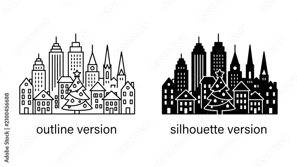 Naklejka premium Christmas Cityscape Icons: A charming depiction of a festive city skyline, complete with buildings and a decorated Christmas tree.