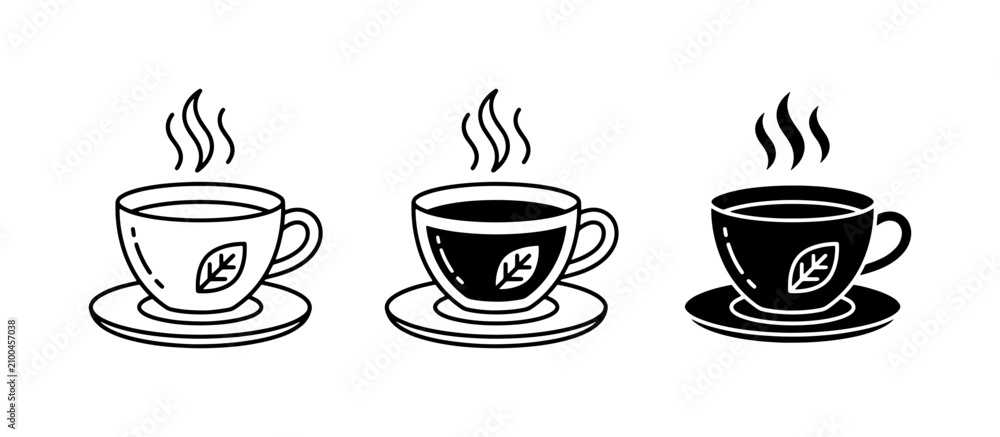 Fototapeta premium Hot Tea Cups Collection, Steaming Beverage Icons, Simple Line Art Drink Graphics