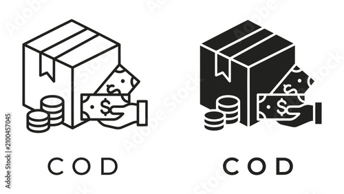 Quadro su tela Cash on Delivery icons: Two modern isometric icons depicting cash on delivery, one in outline style and another solid black, symbolizing payment upon receipt of goods