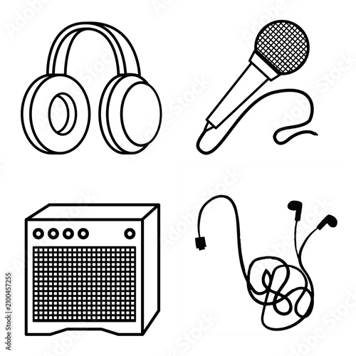 Vector illustration set featuring essential singing and audio equipment, including over ear headphones, a wired microphone, an amplifier speaker, and wired earphones
