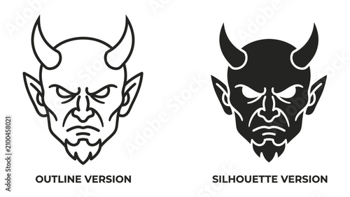 Foto Devil Icon Duo: A graphic representation of a devil's head, presented in both outline and silhouette versions, featuring horns and an intense expression