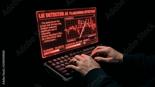 Person typing on a laptop with a digital lie detector and plagiarism interface on the screen.