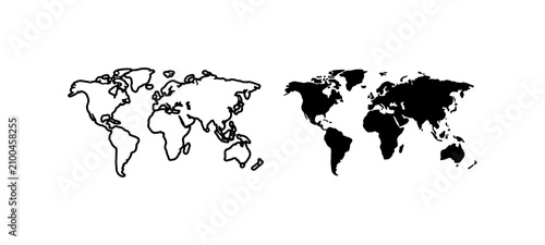 World Map Vector Icons: Outline and Silhouette, Global Geography and Travel Concepts