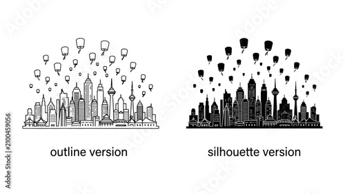 Bild auf Leinwand Cityscape Icons: Two artistic depictions of a bustling city skyline, one in outline and the other in silhouette, adorned with numerous hot air balloons floating above