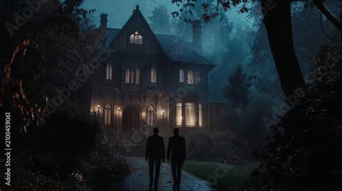 Eerie night ambiance at a gothic mansion entrance