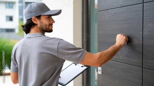 Male delivery worker in gray uniform knocks on modern front door while holding a clipboard, residential building and greenery visible in the background