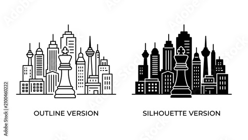 Cityscape Chess Strategy: A king chess piece stands prominently before a backdrop of modern city buildings, symbolizing strategic planning in urban development and business.