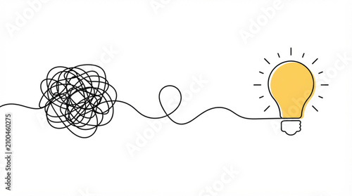 Continuous single line art untangling scribble to light bulb vector illustration for problem solving concept on white background