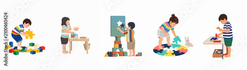 Illustration of diverse young children engaged in educational play with puzzles, blocks, and interactive learning games on a white background.