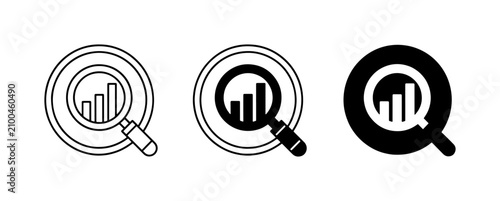 Magnifying Glass Over Bar Chart Icons, Data Analysis and Research Symbols, Vector Graphics