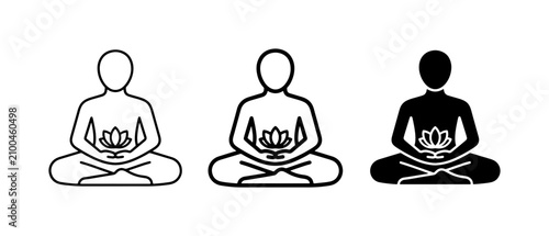 Meditation Icons: Lotus Pose Figures in Outline, Flat, and Silhouette Styles, Zen Mindfulness Symbols