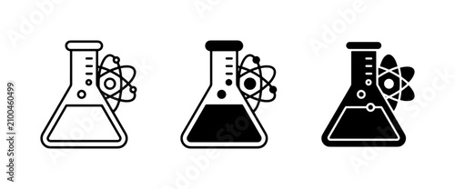 Laboratory Flask and Atom Icons, Science and Research Symbols, Chemistry and Physics Concepts, Vector Illustrations