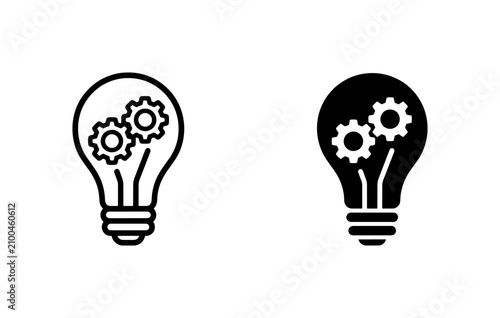 Lightbulb Idea Icons with Gears, Innovation Concept Vector Graphics, Creative Solution Symbols, Black and White Design Elements