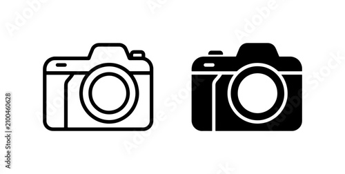 Camera Icons: Two Simple Vector Graphics, Outline and Solid Black, Photography Equipment Symbols for Digital Media