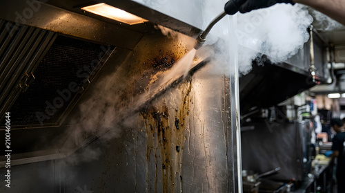 Professional Deep Cleaning of a Commercial Restaurant Kitchen Exhaust Hood Using High-Pressure Steam to Remove Heavy Grease Buildup and Oil for Proper Maintenance, Hygiene, and Safety Standards.