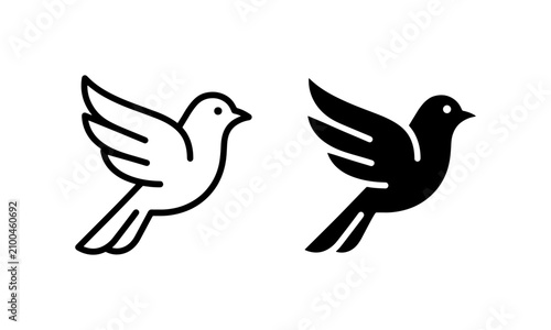Minimalist Flying Bird Icons, Simple Dove Silhouette Vector Graphics, Freedom Symbol, Peace Emblem, Outline and Solid Styles