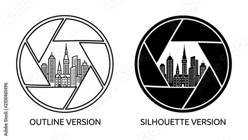 Fotografie Camera Aperture with Cityscape: Two stylized camera aperture icons, one outline and one silhouette, frame a view of a city skyline, symbolizing photography, urban life, and vision