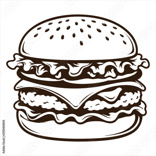 Premium Gourmet Cheeseburger Vector Illustration in Minimal Monochrome Line Art Style Isolated on White Background