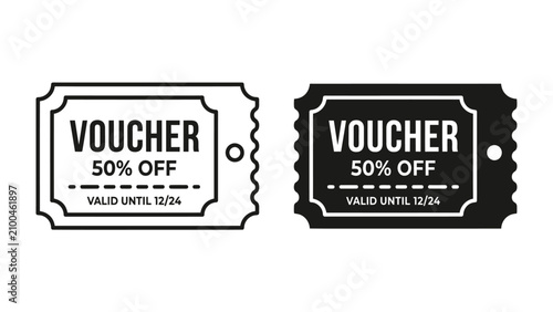 Bild auf Leinwand Voucher Icon Set: Two stylized voucher coupons, one outlined and one solid black, both clearly displaying VOUCHER 50% OFF and an expiration date