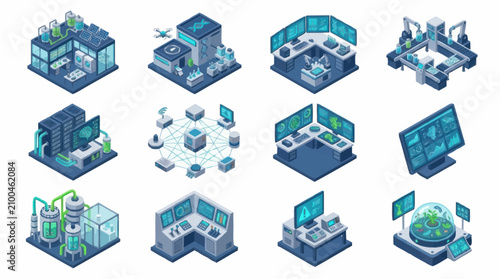Bild auf Leinwand Isometric Technology and Data Center Icons Collection.