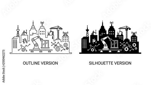 Obraz na płótnie Industrial Cityscape: Two stylized representations of a city skyline showcase industrial elements like factories, cranes, and a robotic arm