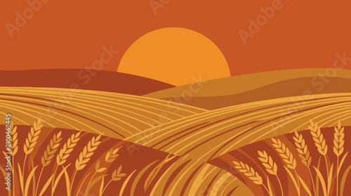 Canvastavla Minimalist illustration of golden wheat fields with rolling hills at sunset