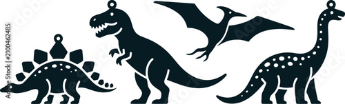Schilderij op canvas Three black silhouettes of dinosaurs and a pterodactyl flying together in air