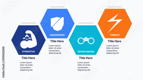 Modern corporate SWOT analysis infographic presentation slide layout, business strategic matrix chart with interlocking hexagon diagram, business icons and text placeholders vector illustration