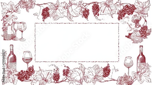 Engraved restaurant border, detailed illustrations of grapevines, wine bottles, and glasses, rectangular blank center, deep red ink on white