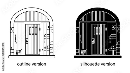 Foto Jail Cell Icon: A minimalist representation of a jail cell, shown in both outline and silhouette versions, depicting bars, a door, and a simple stool