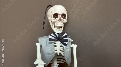 Photos grinning skeleton with bow tie and vest, dark wall, copyspace, concept of hallow