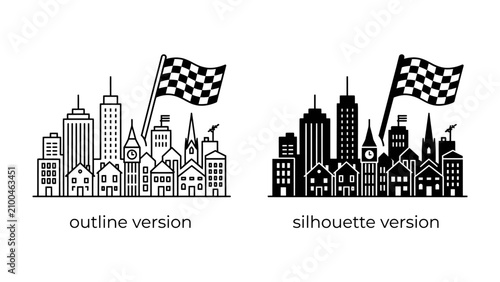Cityscape with Racing Flag: An illustration of a cityscape featuring a mix of modern skyscrapers and traditional buildings, topped with a checkered racing flag, representing progress and competition.