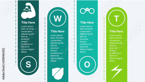 Modern business growth SWOT analysis infographic presentation slide layout, sustainability corporate strategic matrix chart with green vertical capsule tabs vector illustration